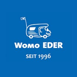 Womo EDER logo on a blue background with a stylized caravan and the text 'Since 1996'