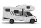 Motorhome Carado con alcova, vista laterale con porta d’ingresso, finestre e sportello del vano di stivaggio