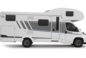 Camper Carado, vista laterale di un modello alcova bianco con porta, finestre e grafica grigia