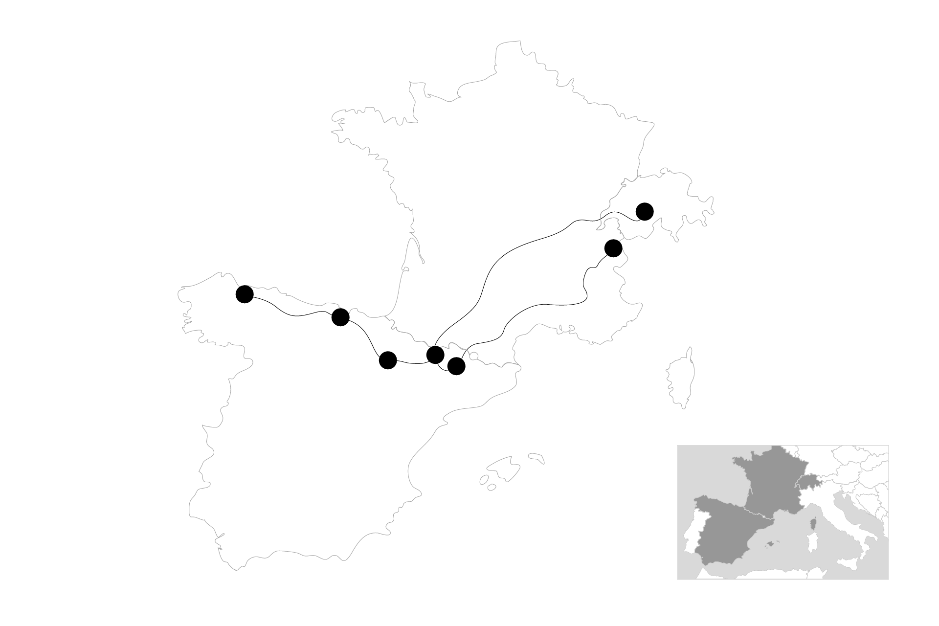 Reisenschets, die een reisroute in Noorwegen toont met punten en verbindingslijnen